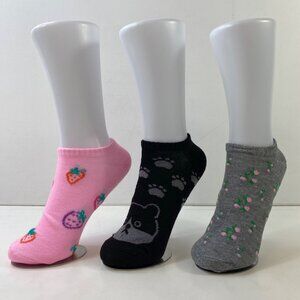 Womens Ankle Socks Set 3 Strawberry Bear Print Floral Pattern Pink Black Gray